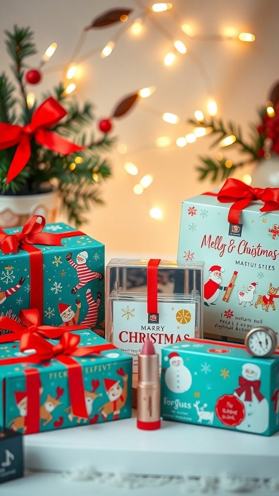 Festive Christmas makeup packaging with colorful designs, ribbons, and holiday themes.